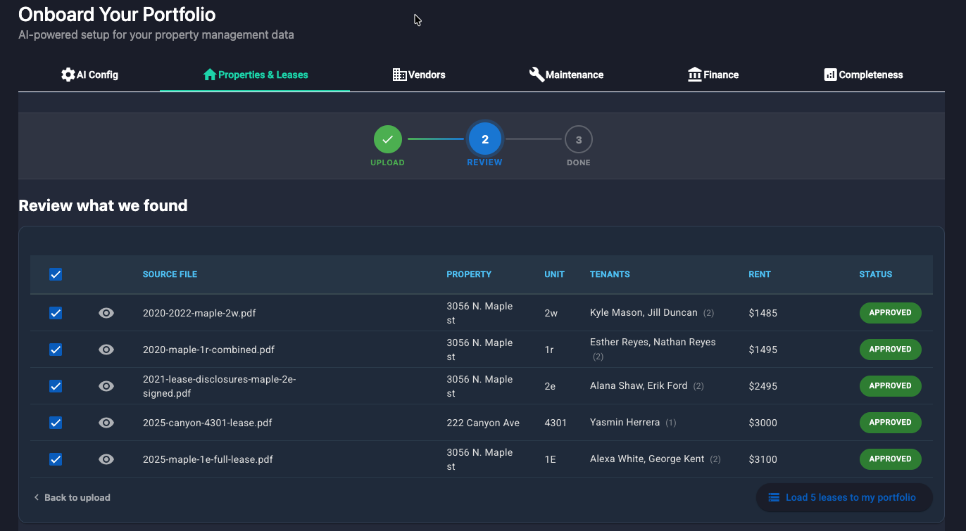 AI onboarding — review what AVA found, then load your portfolio